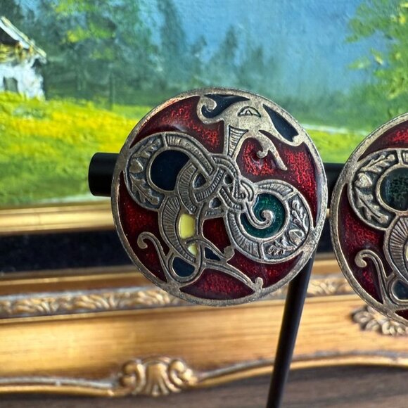 Vintage SoldOr Miracle Celtic Knot Dragon Enamel Clip-On Earrings Red & Yellow - Picture 3 of 8